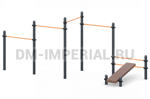 Уличное оборудование, Спортивное оборудование, Каскад разноуровневых турников с лавкой для преса W-02-002 W-02-002