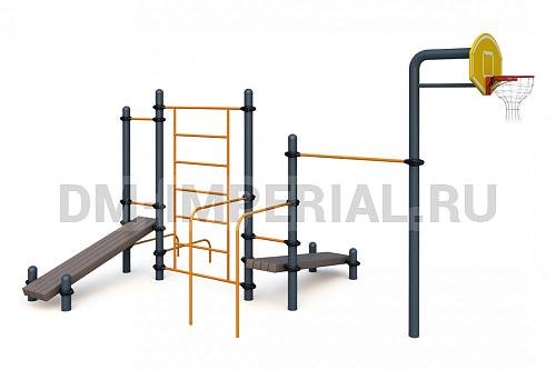 Уличное оборудование, Спортивное оборудование, Баскетбольная стойка, турник, шведская стенка, брусья, две лавки W-06-008 W-06-008