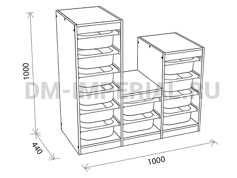Оснащение детских садов, Шкафы, Стеллаж для хранения трехсекционный, разноуровневый, вар. 3, высота 1000 СХ-022