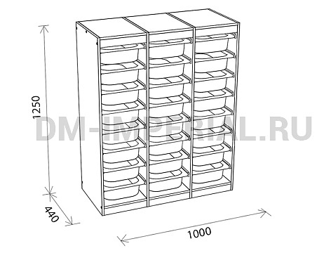 Оснащение детских садов, Шкафы, Стеллаж для хранения трехсекционный, высота 1250 СХ-012